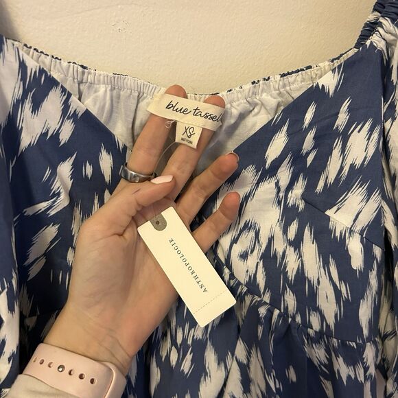 Anthropologie Blue Tassel Dress Mini Puff Sleeve XS Cottagecore Tiered Boho Stai - Picture 2 of 9